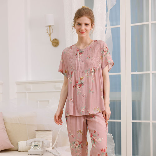 曼诺曼蒂克女夏丝丽绸印花家居服