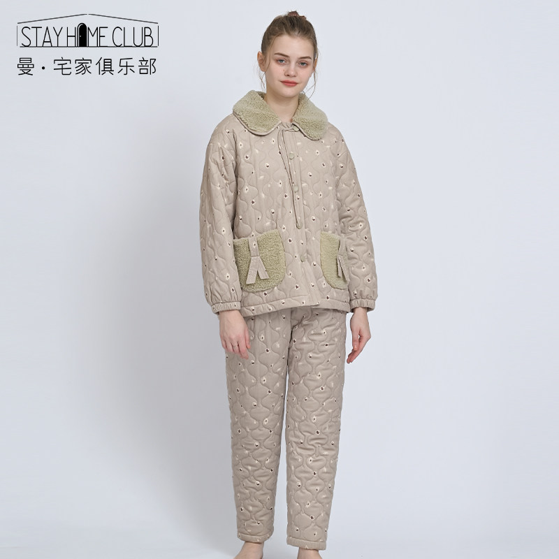 曼诺曼蒂克水晶绒家居服女冬加绒加厚印花长袖长裤睡衣套装可外穿