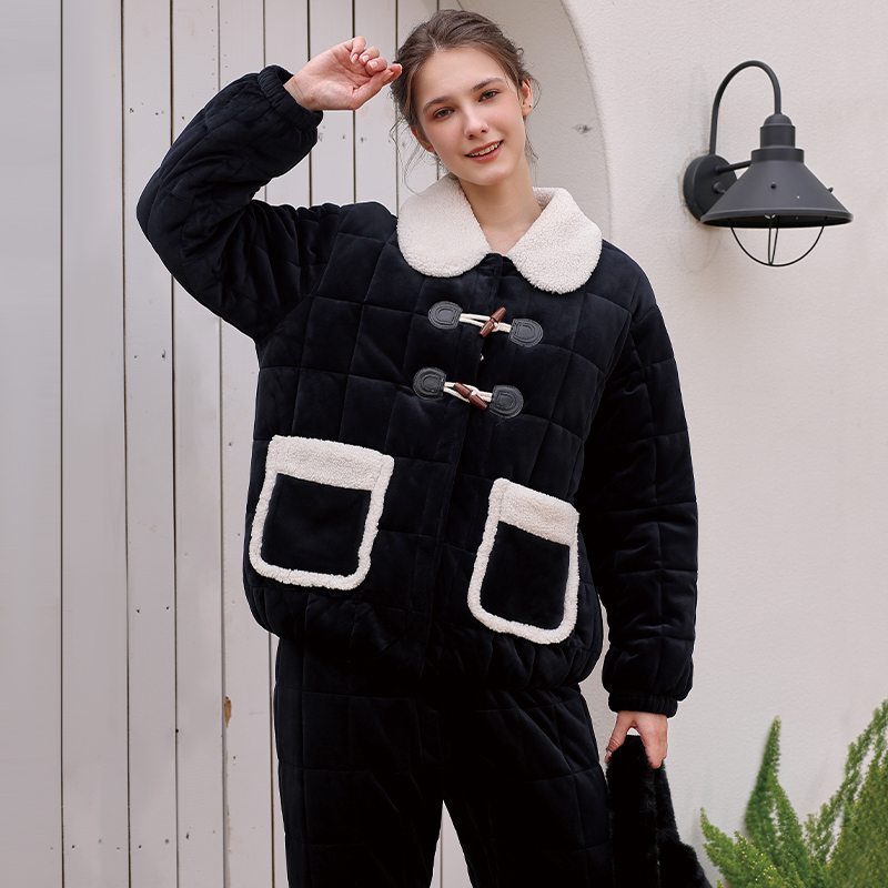 诺曼蒂克睡衣加厚水貂绒冬季女英伦复古休闲保暖家居服套装可外穿