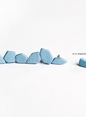 IFU原创陶瓷首饰七巧玲珑耳钉浅蓝色亚光磨砂质感925银针极简造型