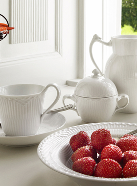 皇家哥本哈根 白色半蕾丝 半花边白瓷餐具碗汤盘子茶壶马克杯碟组