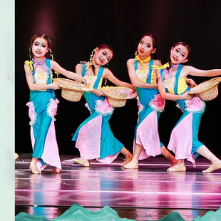 茶山小阿妹舞蹈服采茶舞秧歌服儿童演出服草帽道具背带裤表演服