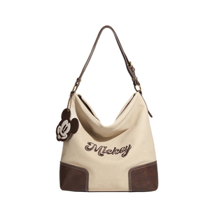 迪士尼包包女士2024新款大容量高级感硬挺帆布单肩米奇刺绣托特包