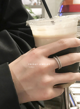 FRIDAY JEWELRY韩国新款银色戒指锆石细圈可调节指环单排钻关节戒