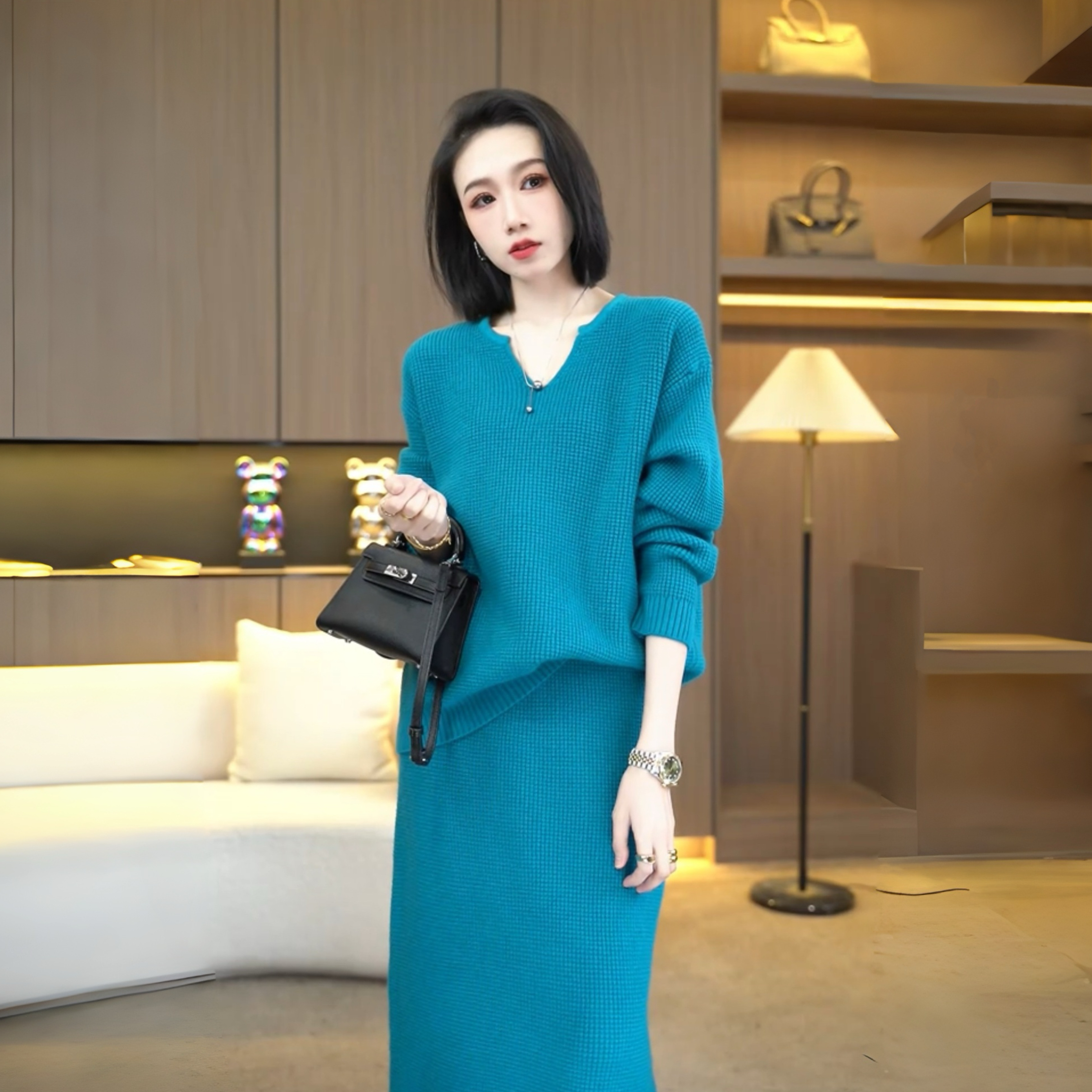 李思桐女装2025冬季洋气一整套衣服毛衣华夫格两件套套装裙子7410