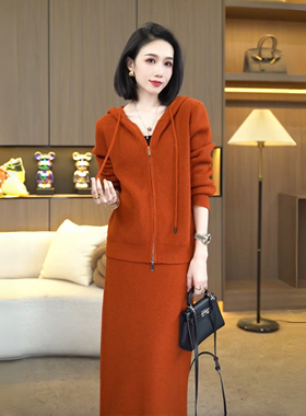 李思桐女装冬季保暖又好看洋气时髦连帽毛衣加半裙两件套套装7415