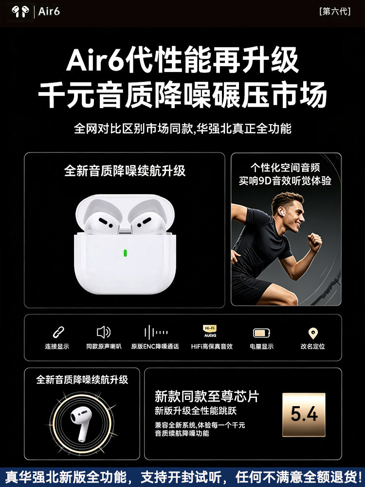 Bluetooth headset 2026 new Huaqiangbei sixth generation high-quality wireless sports noise reduction top with Air6 ultra-long battery life