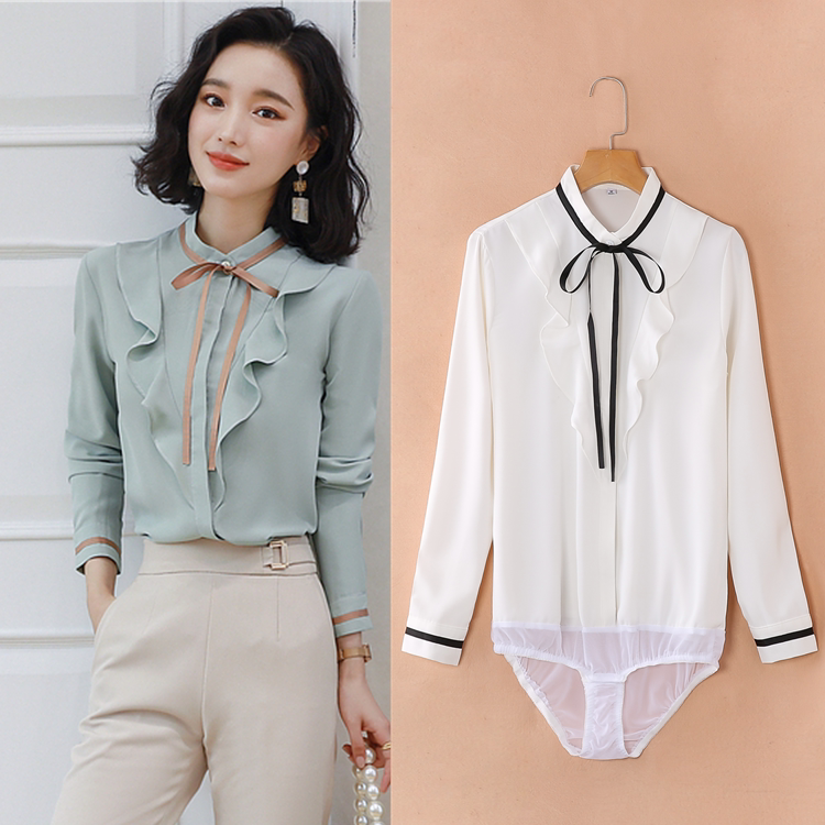 雪纺抗皱长袖连体衬衫女打底衫新款立领结系带连裤衬衣荷叶边上衣