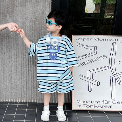 儿童条纹套装2025夏季新款洋气短袖短裤两件套男小童舒适宽松衣服