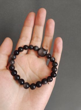 天然黑曜石手链银曜石猫咪手串男女款情侣饰品礼物简约时尚百搭