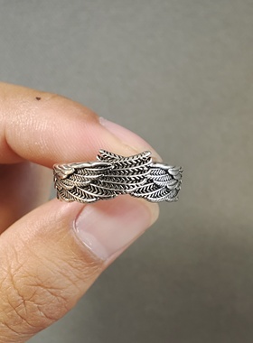 vintage复古天使翅膀戒指925银全新开口可调节指环男女士