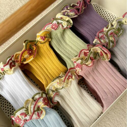 colle女童刺绣花边短袜纯棉儿童短筒袜柔软百搭可爱宝宝公主袜子