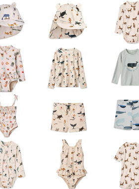 清仓夏季LI系列儿童长袖连体泳装度假男女童防晒泳衣沙滩裤套装