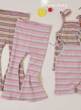 2026pippi夏季新款女童套装休闲彩色条纹吊带背心喇叭裤高级垂感