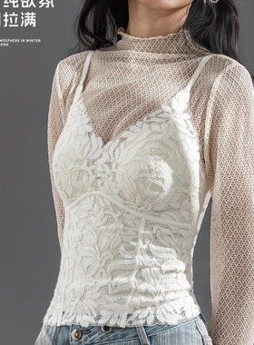 秋冬磨毛蕾丝美背细肩带吊带一体式带胸垫修身时尚百搭背心95105
