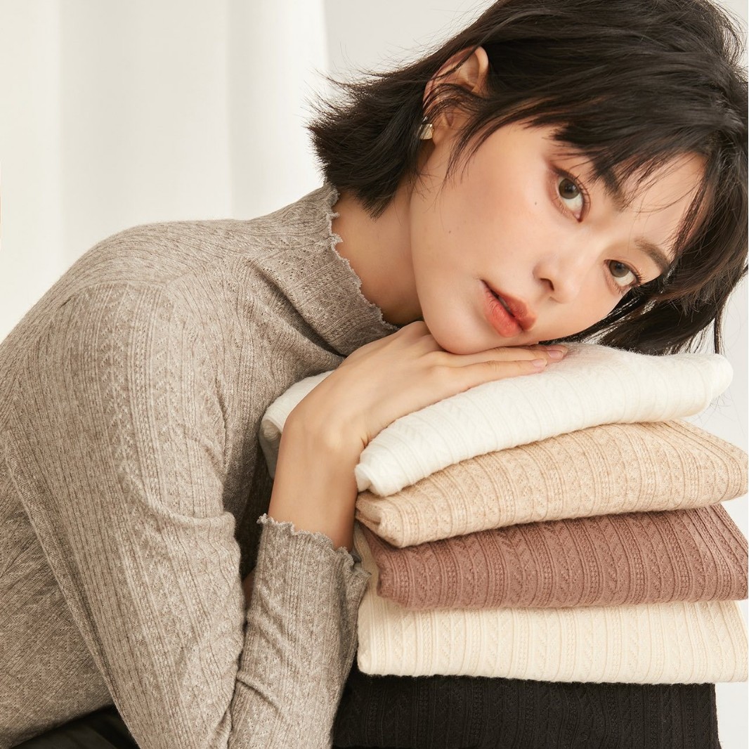 古妃打底衫麦穗羊毛绒木耳边半高领保暖秋冬内搭毛衣女上衣92812