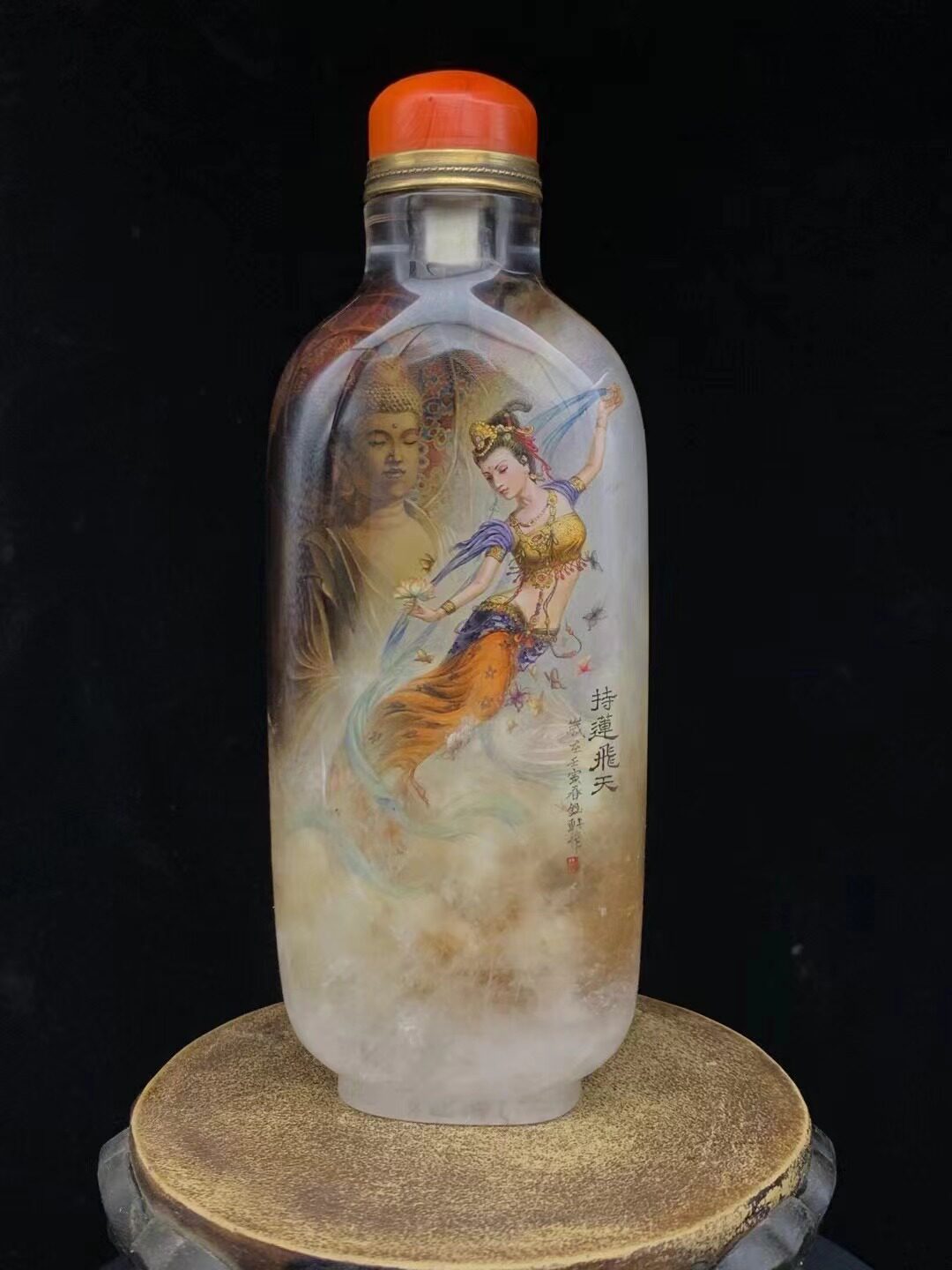 纯手工绘制天然水晶内画鼻烟壶名家红喜作品佛像工艺礼品商务摆件