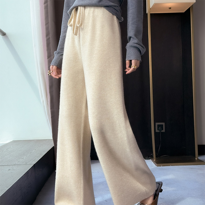 100%纯羊毛裤女高腰直筒裤宽松显瘦休闲裤垂感针织羊毛裤百搭软糯女装/女士精品休闲裤原图主图