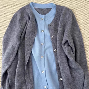 秋冬外套女开衫圆领100%纯羊毛假两件拼色毛衣针织衫时尚洋气上衣