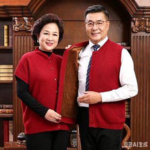 马夹开衫秋冬中年情侣装红色针织马甲男女爷爷奶奶本命年毛衣背心