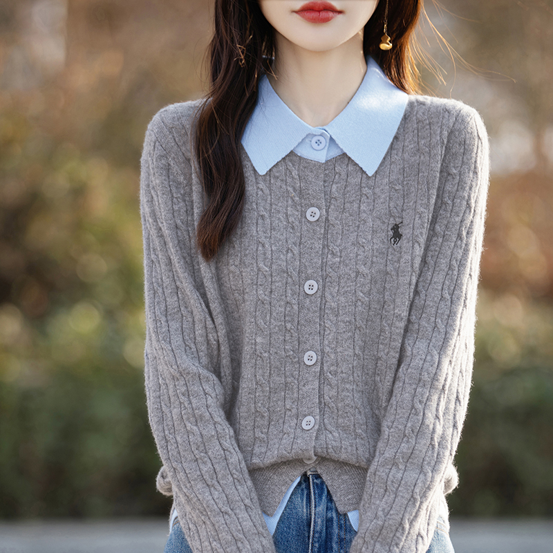衬衣针织开衫假两件羊毛宽松毛衣