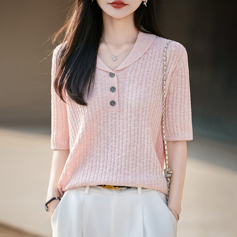 薄款翻领短袖针织衫女云朵天丝亚麻半开扣百搭显瘦上衣