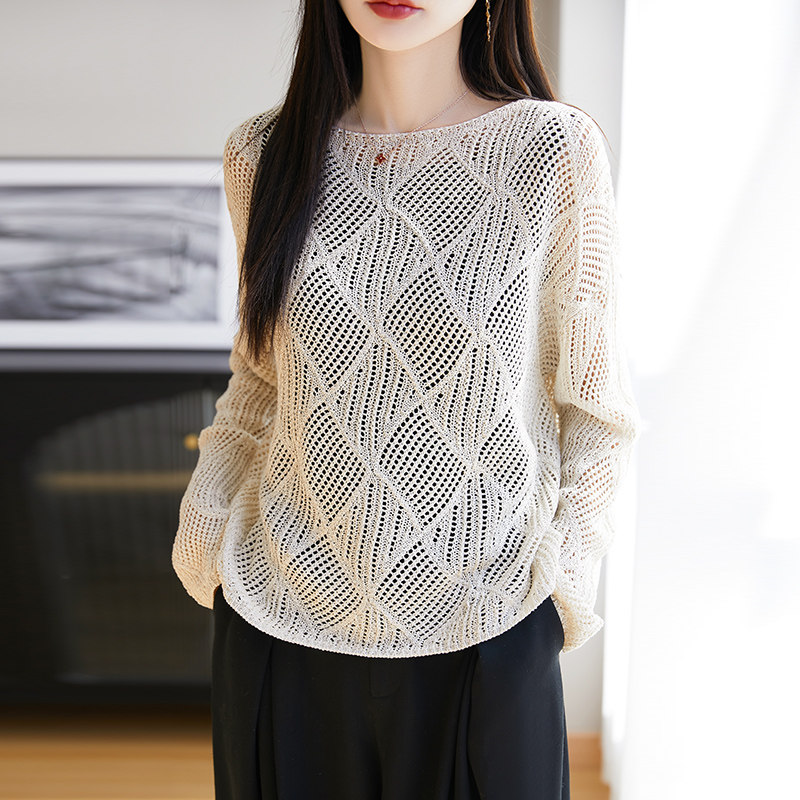 亚麻针织镂空罩衫女2025夏薄款新款长袖黑色网衫宽松防晒天丝上衣