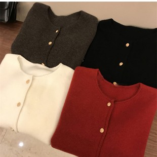 开衫女100%纯羊毛秋冬加厚款圆领毛衫针织外套韩版上衣纯色小毛衣