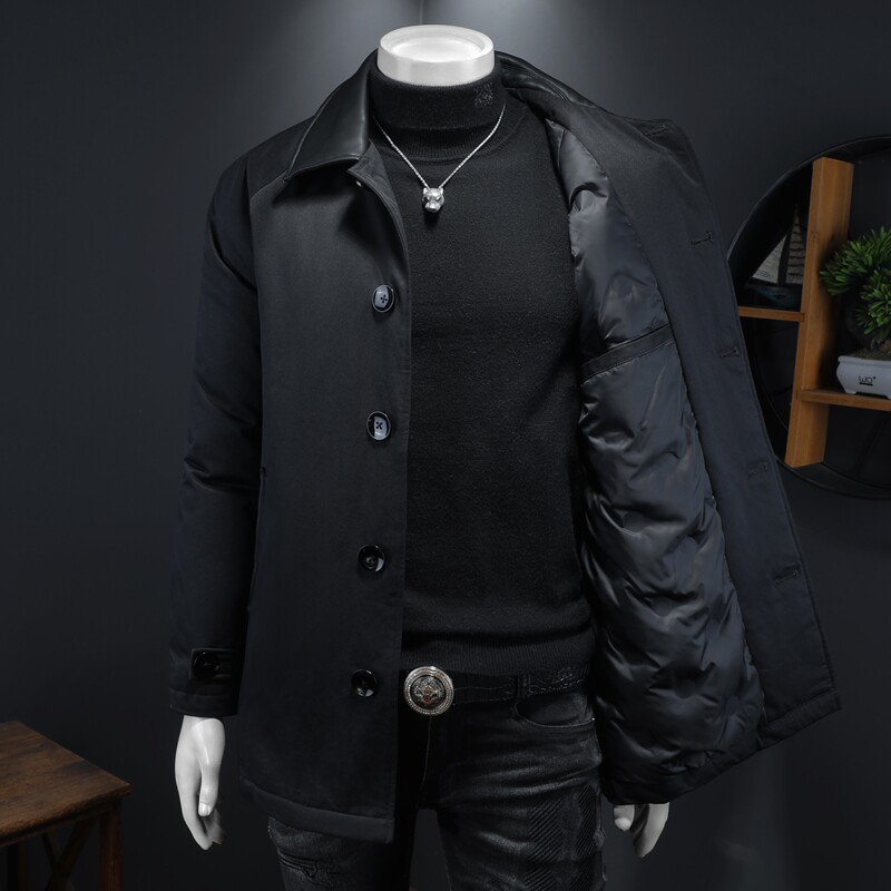2025冬装90绒落肩宽松型拼皮中长款羽绒服男6006-7201-P300假模,男装羽绒服,钱塘6006(原3029)