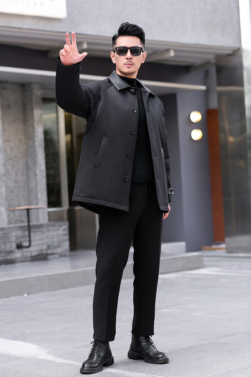 2025冬装90绒落肩宽松型拼皮中长款羽绒服男6006-7201-P300真模,男装羽绒服,钱塘6006(原3029)