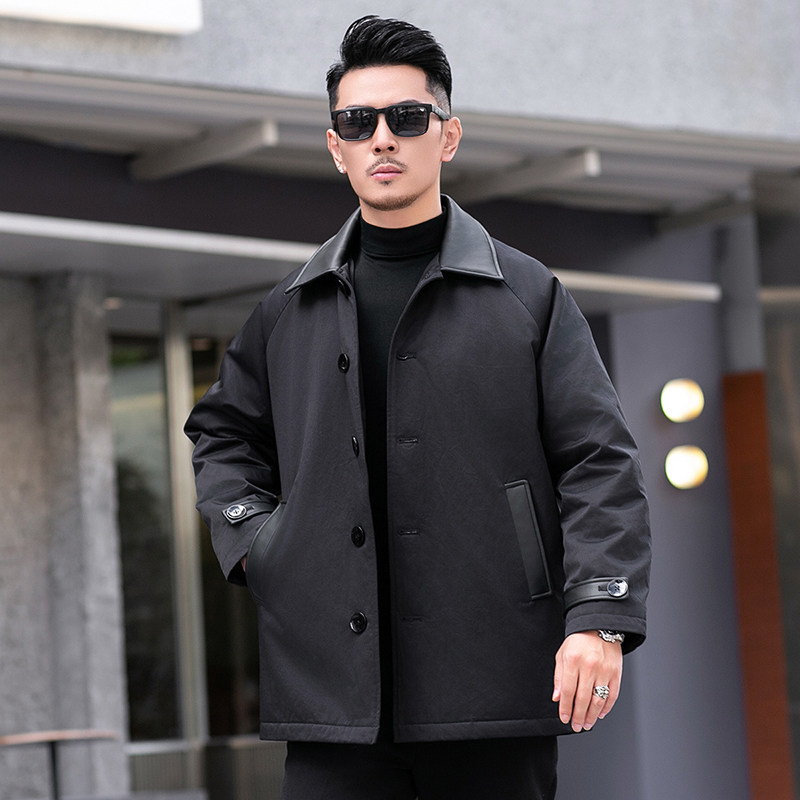 2025冬装90绒落肩宽松型拼皮中长款羽绒服男6006-7201-P300真模,男装羽绒服,钱塘6006(原3029)