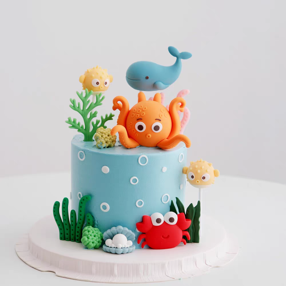 网红烘焙海洋海龟螃蟹贝壳海草海星插件生日蛋糕装饰摆件鲸鱼章鱼