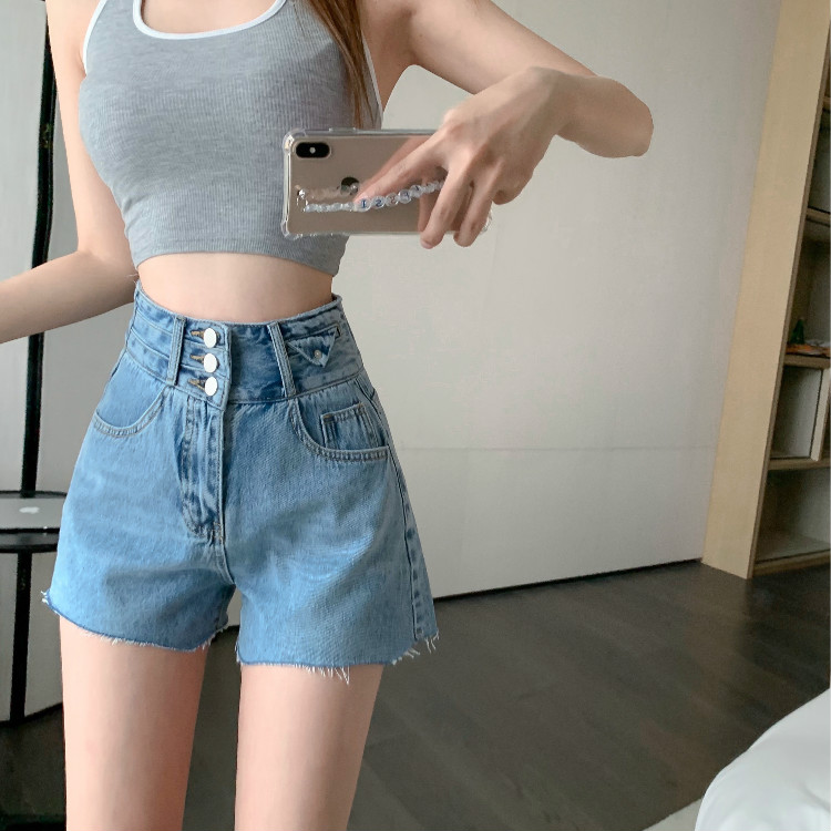 Real shooting and real price summer new style Hong Kong style fashion high waist three grain button raw edge show thin Wide Leg Denim Shorts hot pants