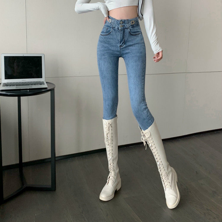 Real price early spring high waist new metal waist buckle elastic slim Leggings quarter jeans