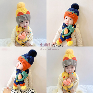 婴儿帽子秋冬季可爱超萌男宝宝毛线帽婴幼儿童帽围巾套装冬天1岁2