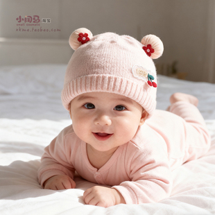 新生婴儿帽子秋冬季0到3个月公主女宝宝针织毛线帽小月龄外出加厚