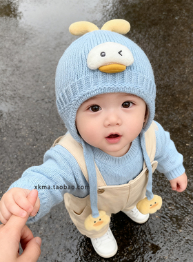 婴儿帽子秋冬季一岁小月龄0-6个月宝宝新款冬天1外出2毛线护耳帽3