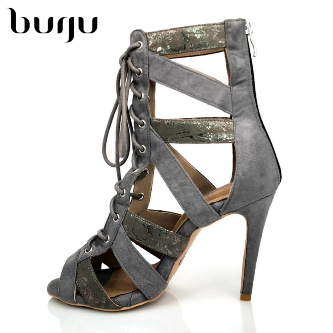 burju-Vayla灰色高跟爵士短靴,heels系带高跟鞋，拉丁舞蹈鞋