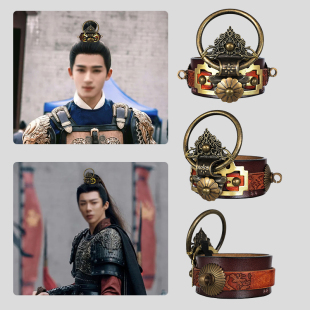 复古古风男盔甲将军古装大侠影视剧道具束发马尾发冠皮质铜环头饰