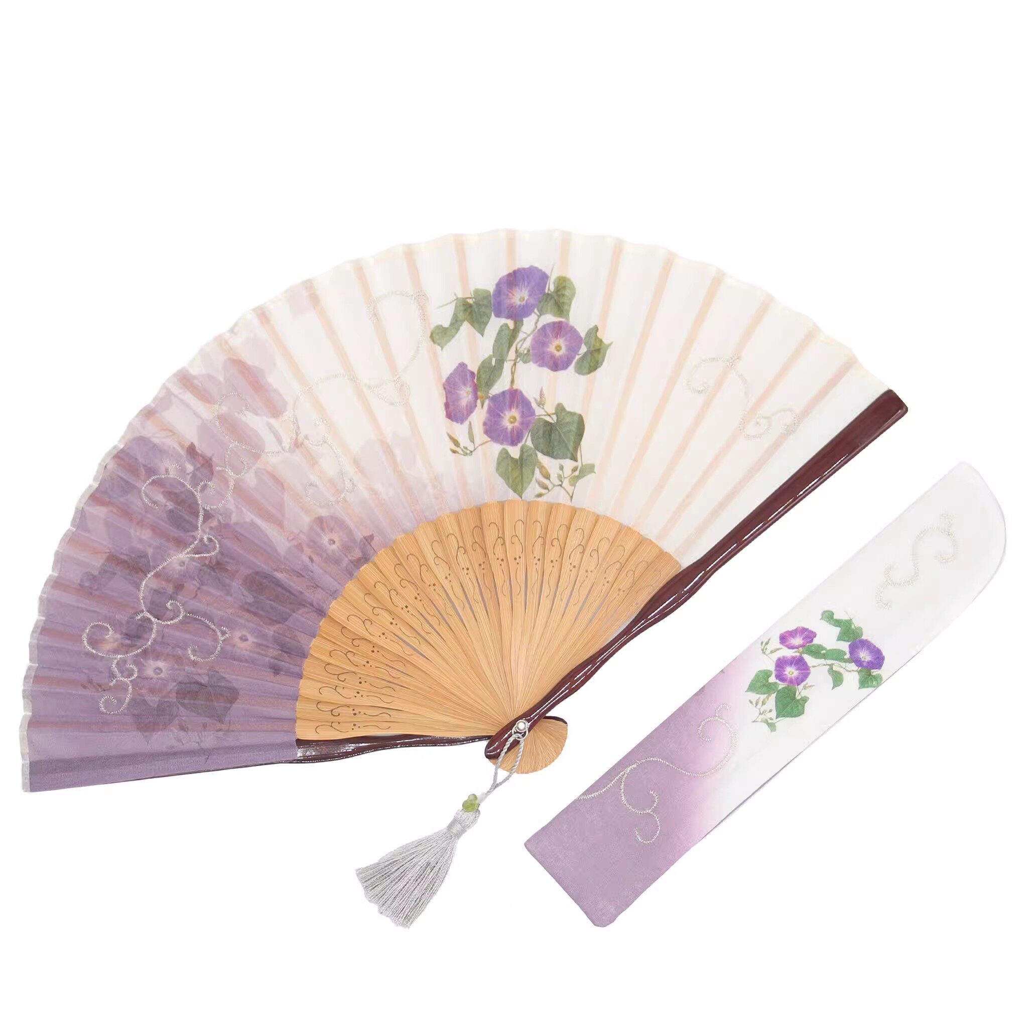 日本进口 京都名扇 白竹堂 和装折扇套装刺绣扇 花物语 朝颜