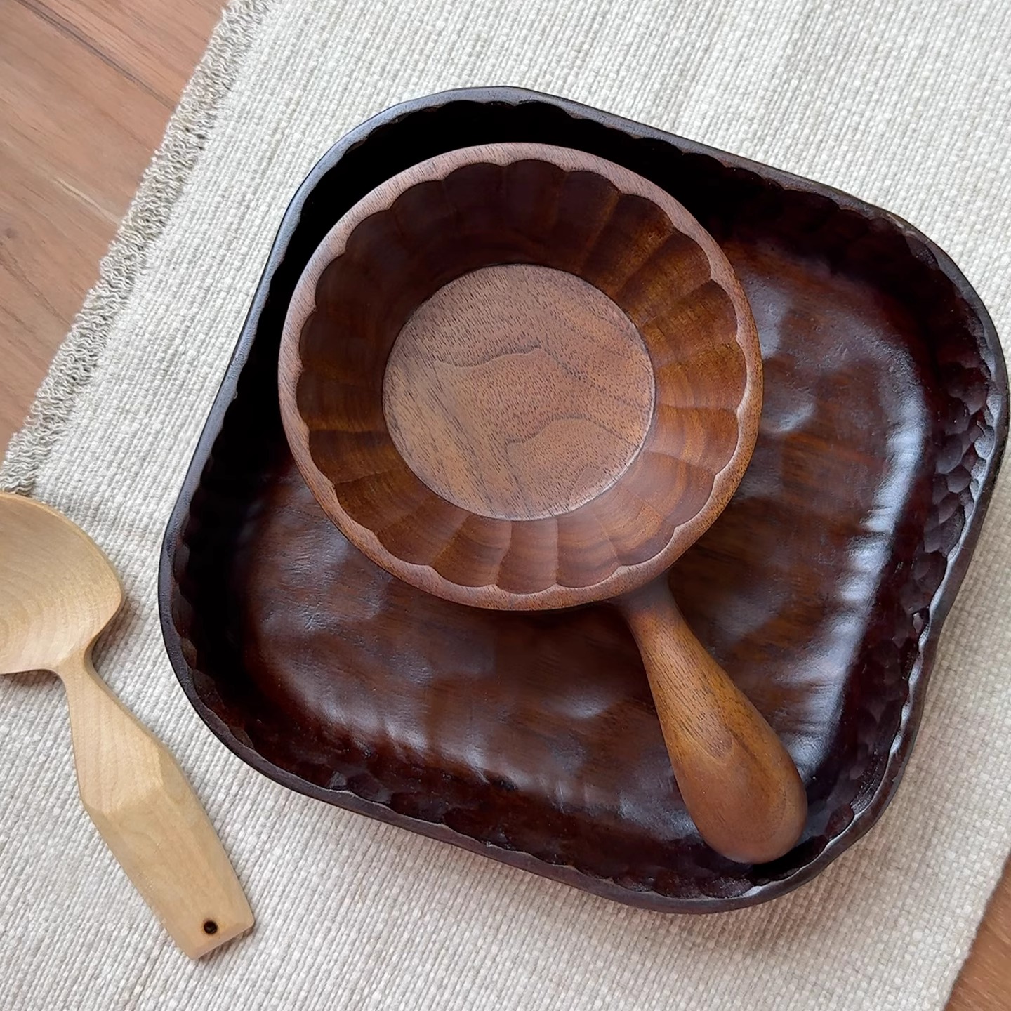 左迹实木创意小手柄盘木制点心盘纯手工凿刻个性木质餐具无漆