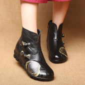 2019新款 真皮民族风女靴子平底秋冬加绒印花中国风复古手工短靴女