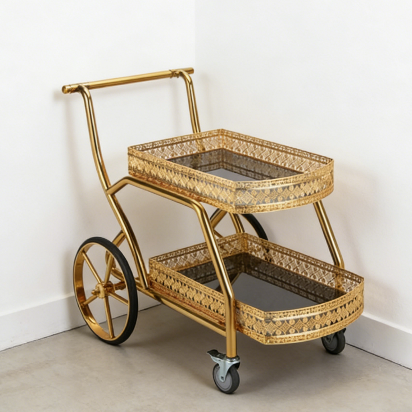 欧式豪华酒水车不锈钢皇家钛金大轮点心车手推送餐车酒店蛋糕推车