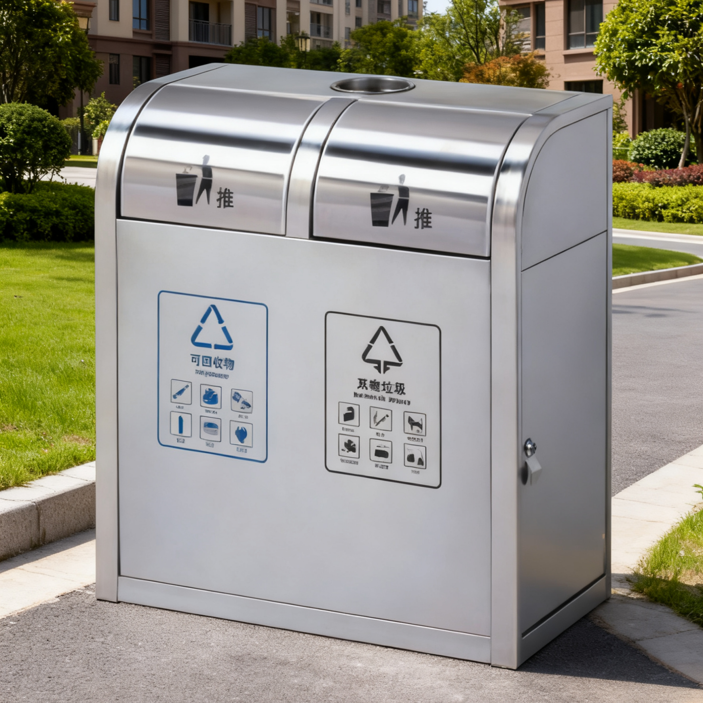 不锈钢翻盖二分类果皮箱垃圾桶