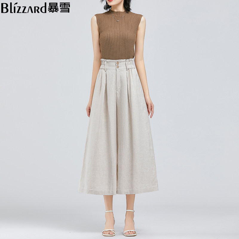 亚麻女裤高腰垂感2023新款花苞腰宽松显瘦亚麻阔腿裤七分棉麻裙裤