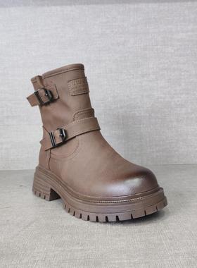 名典2024冬季新品女靴 欧美时尚方跟马丁靴保暖工装靴棉靴ms88538