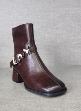 名典2024冬季新品女靴 欧美复古方头短靴舒适中跟加绒棉靴MS88266