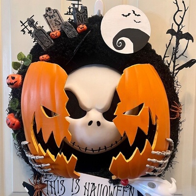 跨境新品 Nightmare Pumpkin Wreath 万圣节噩梦南瓜花环装饰门牌