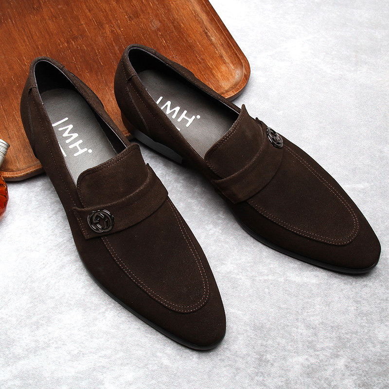 春秋英伦商务休闲磨砂皮鞋男士牛反绒一脚蹬乐福鞋男鞋子真皮尖头