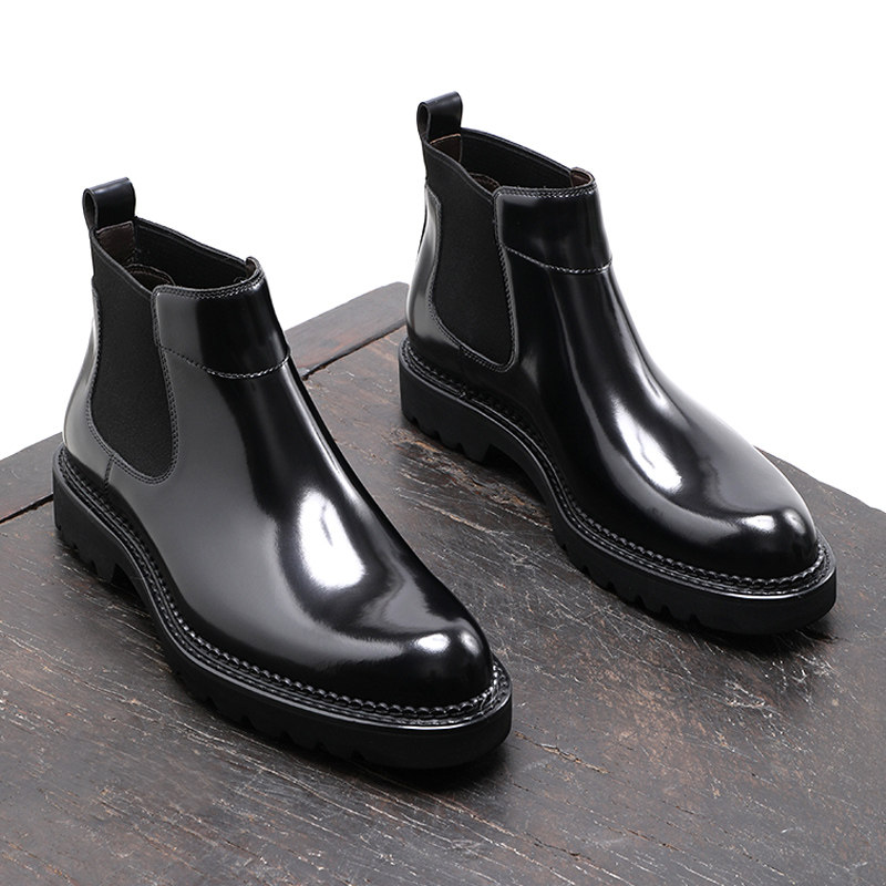 冬季英伦切尔西靴男靴尖头真皮靴厚底短靴子男士亮面高帮皮鞋加绒,流行男鞋,切尔西靴,淘宝优惠券,粉丝福利购,淘宝优惠卷